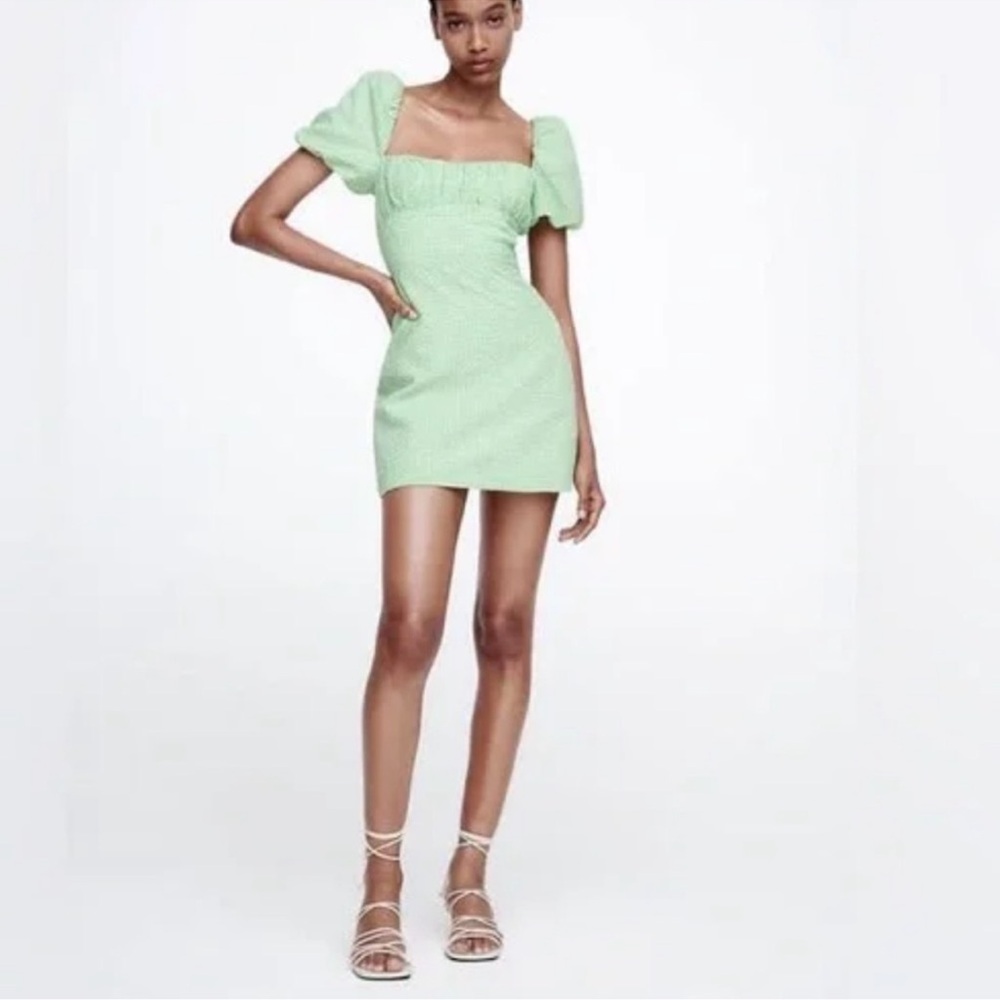 Zara Gingham Elegant Green Puff Sleeve Dress
